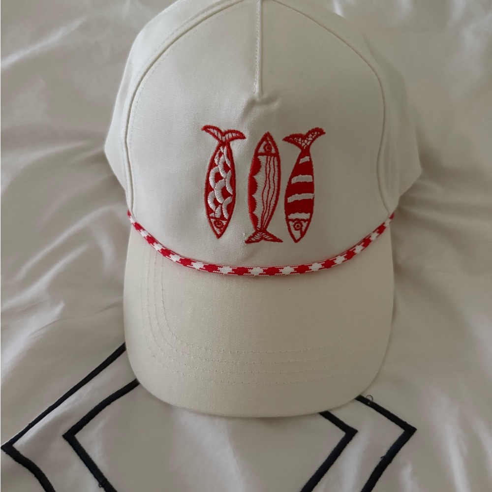NIB Cream Cap with Red Sardine Embroidery and Rooe